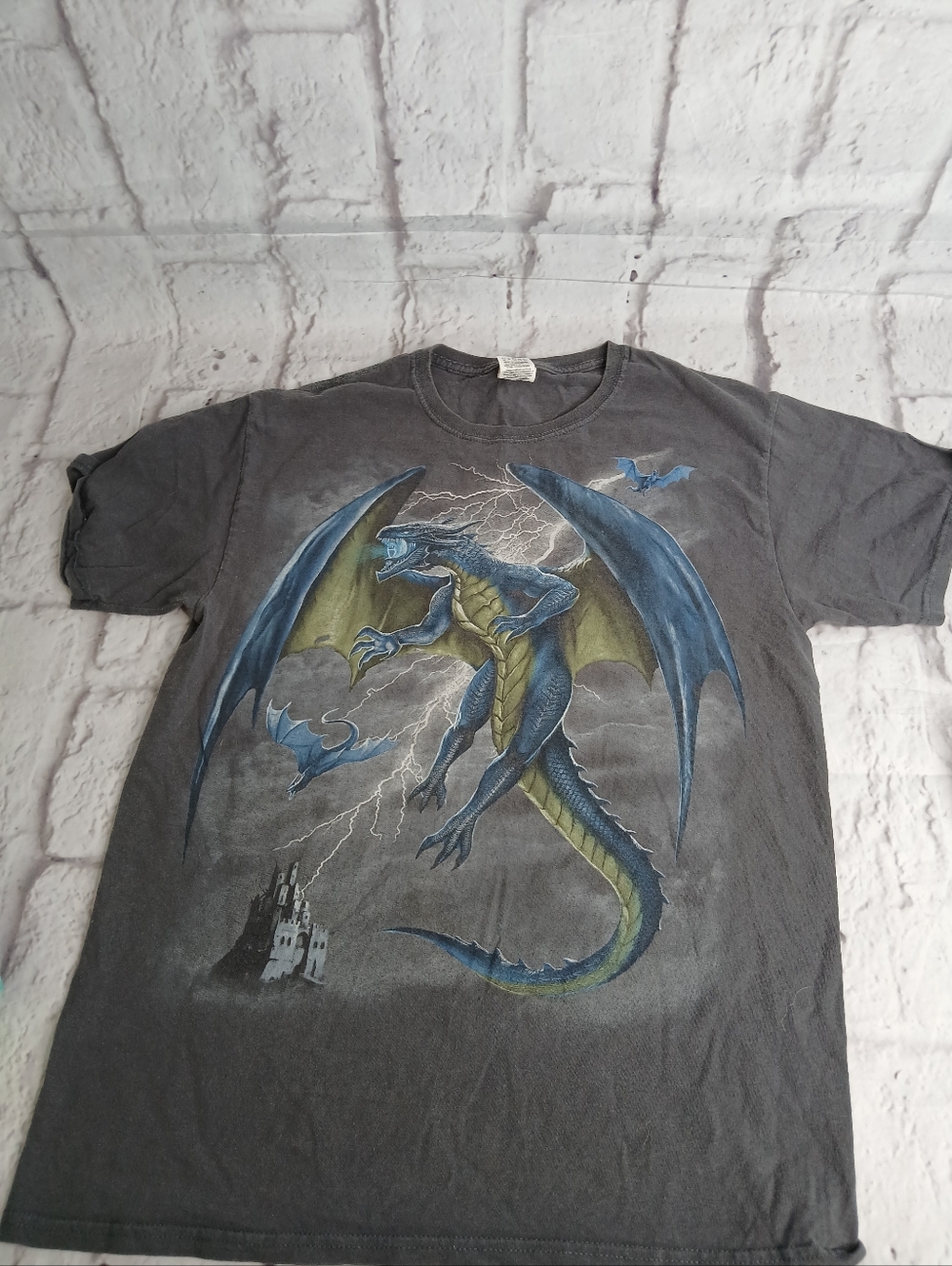 Fruit of the Loom Gray Tee with Blue & Green Dragon Graphic